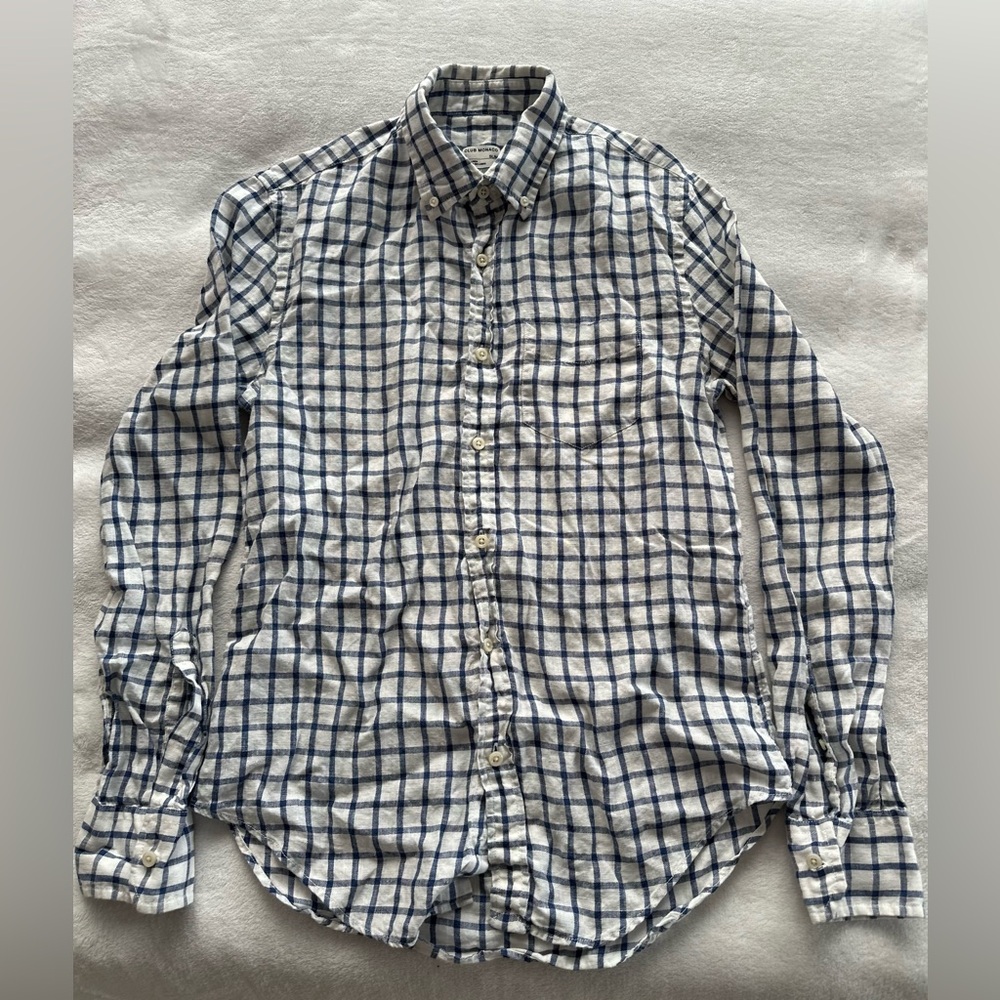 Club Mónaco Slim Long Sleeve 100% Linen Button Down Shirt Size Small White/Blue
